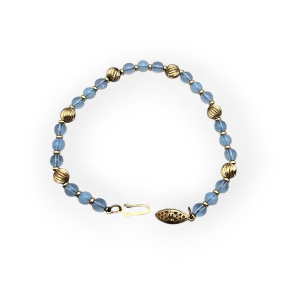 Mid-Century Blue Glass Bead Bracelet with Gold Accents Fishhook Clasp - Picture 4 of 9